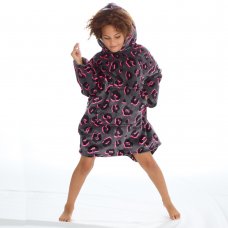 18C813: Older Girls Leopard Neon Over Sized Plush Hoodie (One Size - 7-13 Years)